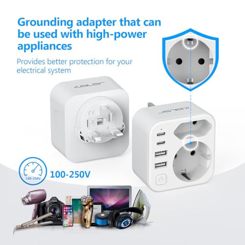 JSVER Adaptador Enchufe UK, Enchufe de Viaje con 2 USB A y 2 C,Adaptador Enchufe de Viaje Español a UK Tipo G para EU a UK,Irlanda, Malasia, Singapur, Hong Kong, Macao