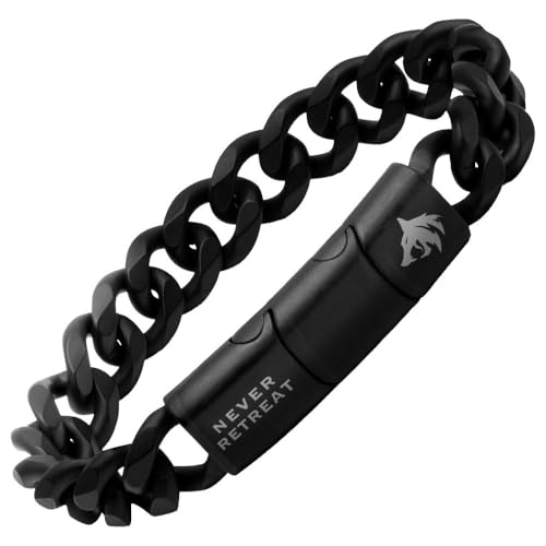 Hero Company Black Cuban Link Bracelet for Men Never Retreat Alpha Wolf - Helps Pair Veterans with a Service Dog