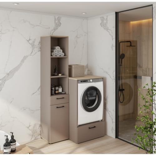 Ensemble de Meuble de Rangement pour Machine à Laver Collection Washing – Meuble Bas et Meuble Haut – Taupe et chêne