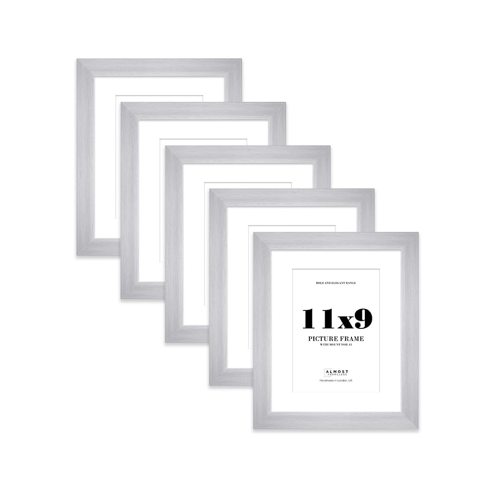 11x9" Silver Frame With Mount for A5 Pictures 28mm Edge Portrait and Landscape Display with Wall Hooks and Kickstand, 5 Pack