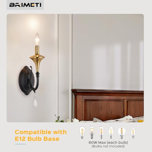 Image of Farmhouse Wall Sconces Set of 2, Black Modern Industrial Wall Sconces Indoor E12 Base with Crystal Decoation,Vintage Rustic Bedside Wall Mount Light Fixture for Bedroom Living Room Stairway
