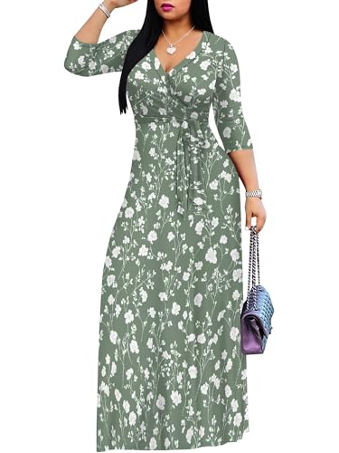 Image of SUZONANA Plus Size Dresses for Women Floral Print Maxi Dress Flowy 3 /4 Sleeve with Belt