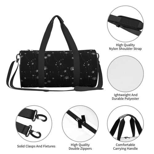 Minimalist White Dandelion Print Travel Duffle Bag, Sports Gym Bags for Women Men, Carry On Weekender Overnight Personal Item Travel Bags4