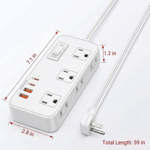Extensión eléctrica estándar US con 6 tomas, puertos Tipo C y USB, cable de 1.5 m, estación de carga inteligente portátil para hogar y oficina, blanco miniatura 6
