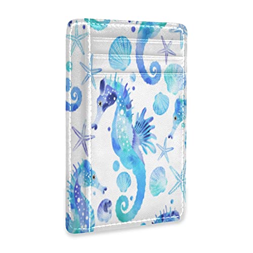 susiyo Blue Turquoise Seahorses And Starfishes Slim Minimalist Wallets Rfid Blocking Card Wallets PU Leather Front Pocket Wallets for Men and Women