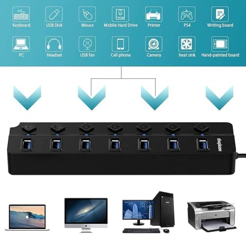 Image of USB Hub 3.0 7-Port with 5Gbps High-Speed Data Transfer and 1 Charging-Only Port 12W, 5V /3A Power Adapter, Long Cable, LED On /Off Switches for Laptop PC Flash Drive SSD HDD Keyboard Mouse