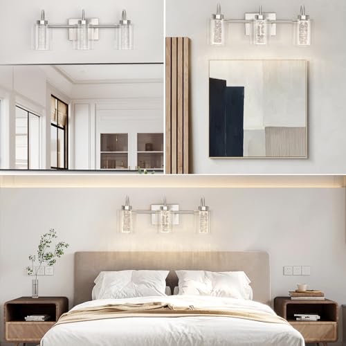Image of Litake Bathroom Light Fixtures, 3 Light Brushed Nickel Bathroom Vanity Light Over Mirror with Crystal Bubble and Clear Glass Dimmable 3 Color Temperatures for Hallway Kitchen Bedroom Living Room