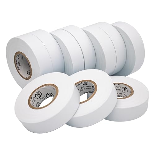 Image of TradeGear White 10 Pack - UL Listed Colored Electrical Tape, 60 ft x 3 /4 in, 600V, Flame Retardant, Waterproof, Rubber Adhesive - Phase Marking, Wire ID, Automotive