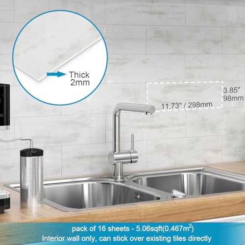 Image of BeNice Peel and Stick Backsplash for Kitchen Tile,Peel and Stick Tiles for Walls Tile Stickers Waterproof Marble Tile Backsplash 3.85 inchx11.73 inch(16Tiles) Rustic Gray