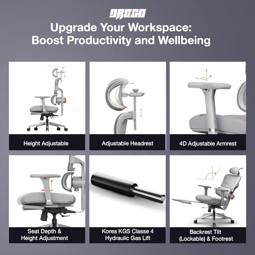 DROGO Premium Ergonomic Office Chair for Work from Home, Computer Chair with Adaptive Lumbar Support & Headrest, 4D Armrest, Footrest & Recline, Desk Mesh Chair for Office/Home (Grey)