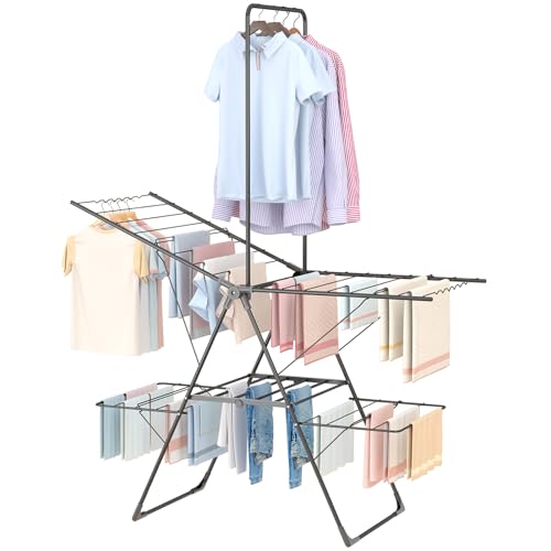 Bigzzia Tendedero plegable, 170 cm de alto, con 4 alas ajustables en altura, ligero y ahorra espacio, para apartamentos, dormitorios, campamentos