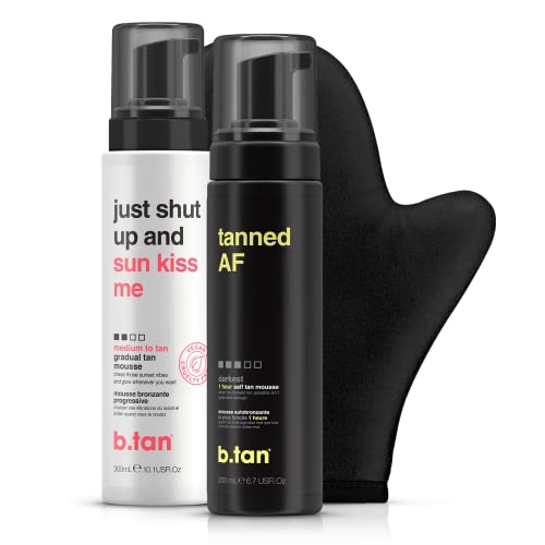 b.tan No Sun Required Self Tanner Bundle | Tanned AF Self Tanning Mousse for Fastest, Darkest Fake Tan with Just Shut Up and Sunkiss Me Gradual Tan Mousse Plus Self Tanner Mitt | Stay Tanned AF & Save