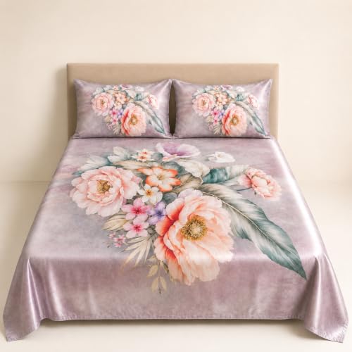 Rangrika.in King Size Bedsheet | Cloud Cotton Flat Sheet with 2 Pillow Covers | Super Soft King Bed Sheet | Elegant Floral Design | 90x100 Inch (Vintage_Rose_Garden_Bedsheet)