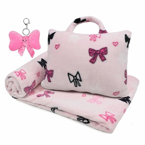 Image of 3-in-1 Kids Travel Blanket and Pillow Set, 40x60 Inch Pink Bow Blanket for Girls,Compact Set with Bow Keychain, Ideal Birthday Travel Essential