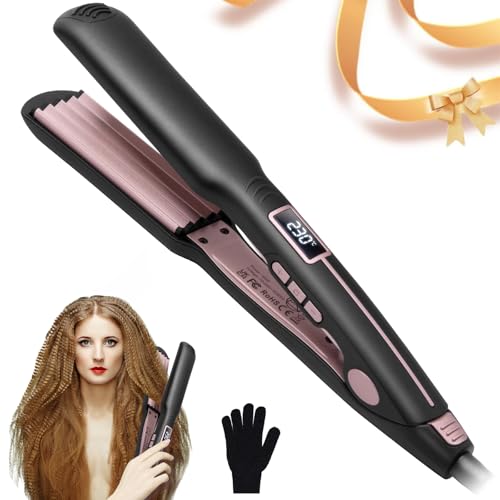 UKLISS Hair Crimper, Ceramic Hair Crimpers for Women, PTC Crepe Hair Iron for Volumizing Hairstyle in One Step, Adjustable Temperature 210-450℉, LCD Display, Long-Lasting Styling (Black Pink)