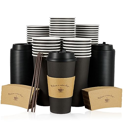 LITOPAK 50 Pack 20 oz Paper Coffee Cups for Hot Chocolate Drinks Black Disposable Coffee Cups with Lids Sleeves and Stirring Sticks for Parties Picnic Travel and Events