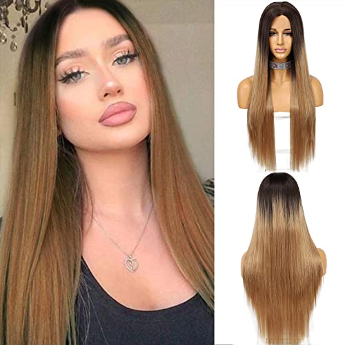 Wigoddess Brown Straight Hair Wig, Daily Makeup Party Wig Heat Resistant Hair 22 inch Dark Brown Ombre Brown Long Straight Hair Synthetic Lace Front Wig For Women