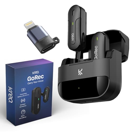 Kreo GoRec Professional Wireless Mic with Transmitter, USB-C & Lightning Support with iPhone & Android, Ultra–Low Latency, 30m Range, for YouTube and More (Solo, with Charging Case + Converter) Kreo GoRec Professional Wireless Mic with Transmitter, USB-C & Lightning Support with iPhone & Android, Ultra–Low Latency, 30m Range, for YouTube and More (Solo, with Charging Case + Converter)