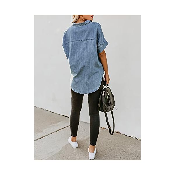 Astylish Womens Summer Short Sleeve Button Down Denim Shirts V Neck Loose Thin Jean Jacket Chambray Shirt Casual Blouse Tops - Image 6