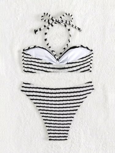 Women's Striped Halter Bathing Suit Colorblock High Waisted Swimsuit Bikini Set2