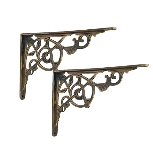 Image of Metal Handcrafted Shelf Bracket for Floating Shelves L Angle Decorative L Shaped Corner Brace Joint Heavy Duty Wall Mounted Shelf Supporter Corner Brace Holder (Pack of 2, Antique)