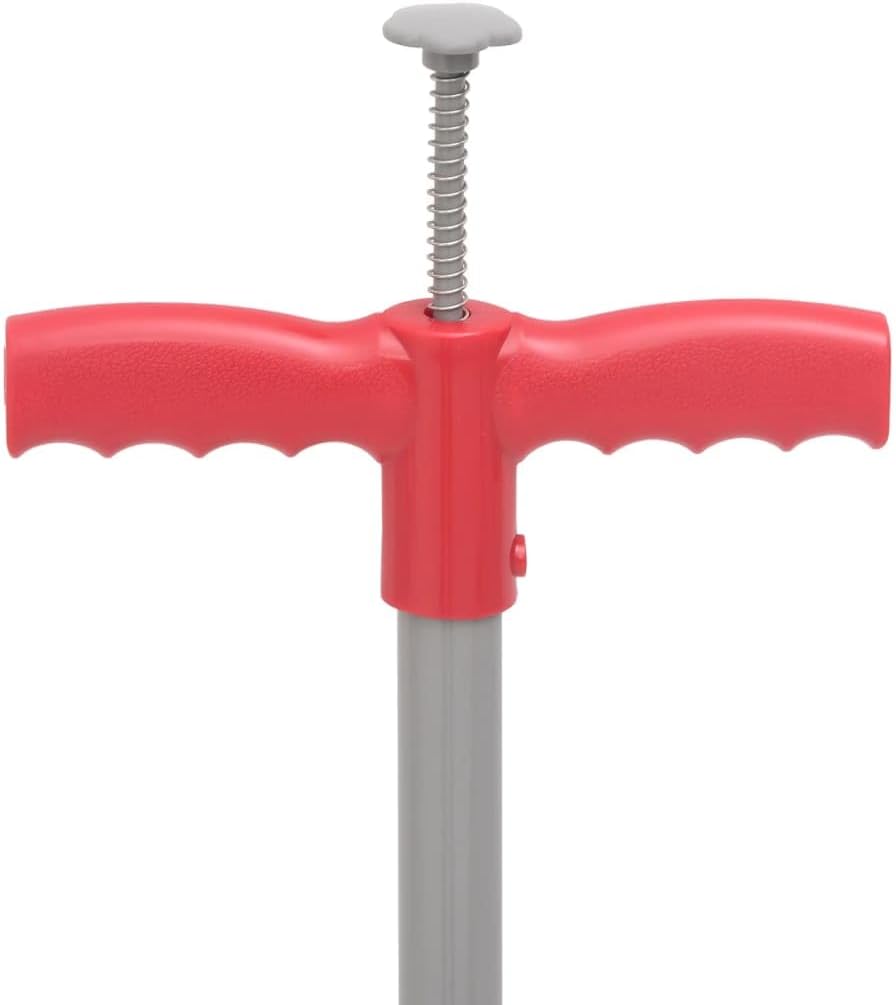 Z bliska view of the red T-shaped handle of the vidaXL Weeder, showing the spring-loaded release mechanism.