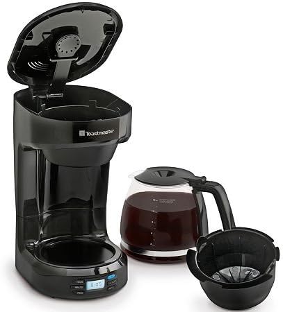 Toastmaster TM-121CM Coffeemaker with lid open, showing brew basket and carafe removed