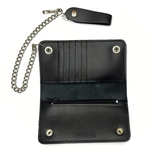 Heavy Duty Black Leather Trucker Wallet with Snaps, Zippers, Credit Card Holders and Chain - 6 Inches2