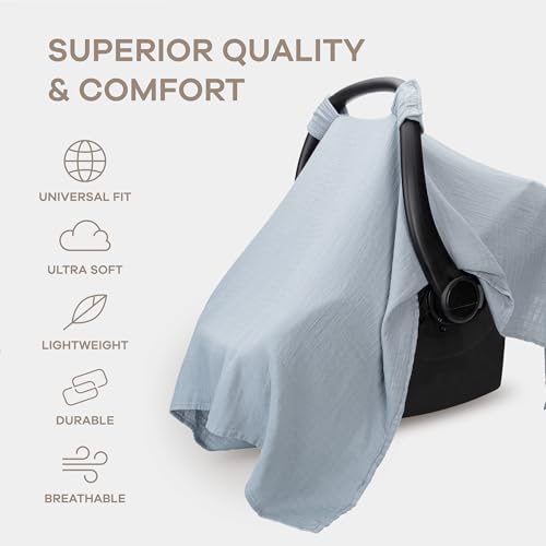Image of Comfy Cubs Baby Car Seat Cover - Soft, Breathable Bamboo Rayon and Muslin Cotton Blend - Lightweight Canopy for Sun, Bug, and Comfort Protection - Large Size Infant Seat Cover in Pacific Blue Design