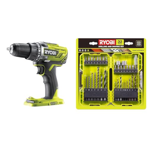 Ryobi - Perceuse-visseuse 18V - 2 vitesses - 50 Nm - 500-1 800 tr/min - 22 positions - mandrin 13 mm & Coffret Empilable 32 Accessoires Mixtes Perçage -...