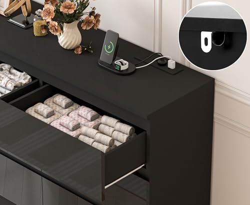 Image of JassmiPkwy 70 INCH 9 Drawers Dresser with Power Outlet, Wide High Gloss Chest of Drawers Large, Modern Storage Drawer Dresser for Bedroom, Black