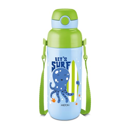 Image of Milton Steel Indus 600 Thermoware PU Insulated, 500 ml Water Bottle with Straw for Kids, Leak Proof Flip Top Sipper Lid Bottle, School, Picnic, Easy to Carry Belt, Sky Blue