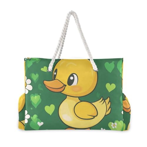 Cute Cartoon Green Duck Sandproof Pocket Tote Bag with side pocketes Bag Portable Travel for beach&school&work2