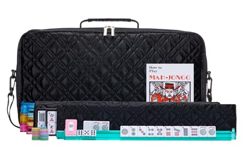 American Mahjong Set “Black - Quilted PU Leather Carrying Bag with Shoulder Strap & Handles, All-in-One Tile Racks with Pushers, 166 Engraved Tiles, Dice, Bettor, Extra Tiles & Instructions