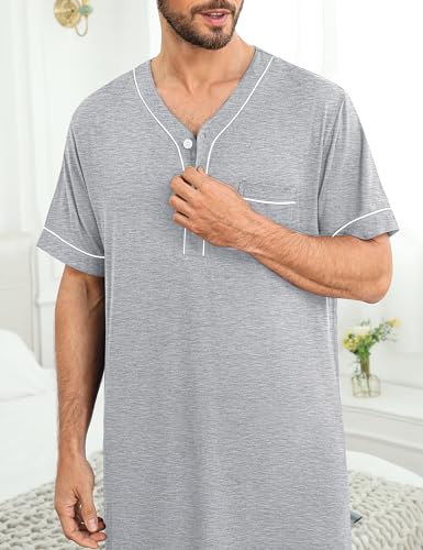 Image of SWOMOG Mens Nightgown Short Sleeve Lounge, Sleep Henley Shirt Pajama Big & Tall Nightshirt Comfy Nightwear M-3XL