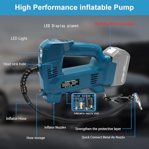 Powarobor 18V Akku Kompressor Kompatibel mit Makita 18V Akkus,10.34 bar Akku Autokompressor/kabellos Luftpumpe für Fahrrad/Auto/Ball 150PSI, Automatisch Stop,LED Lampe (ohne Akku, ohne Ladegerät)