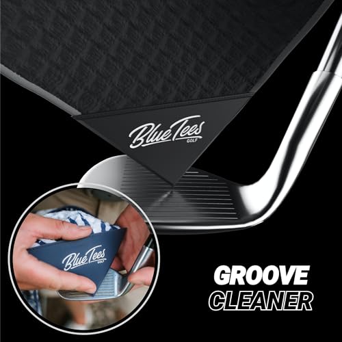 Blue Tees 4 in 1 Magnetic Golf Towel - Standard & Caddy Sizes - Silicone Brush - Groove Cleaner - Magnetic Golf Towels for Golf Bags - Strong Hold to Golf Carts or Clubs - Black - Standard 18\"x18\"