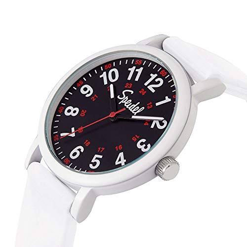Speidel Original Scrub Watch™ Nurses Doctors Medical Professionals Students Men Women Easy Read Dial Military Time Red Second Hand Silicone Band Water Resistant White CASE Black DIAL/White Band