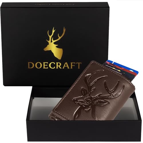 Image of Men's Genuine Leather RFID Wallet | Premium Slim Red Wallet for Men with Deer 3D Print | 8 Card Slots Secure and Durable Design | Casual Stylish | Formal & Gifting Use, Brown and Silver