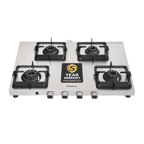 Image of Sunflame Ultra-Slim Stainless Steel 4 Burner Gas Stove 72 cm Wide | Forged Brass Burners | 5-Year Coverage on Burners | SS Body & Valve by Sunflame | Auto Ignition | Pan Support with Flame Guard