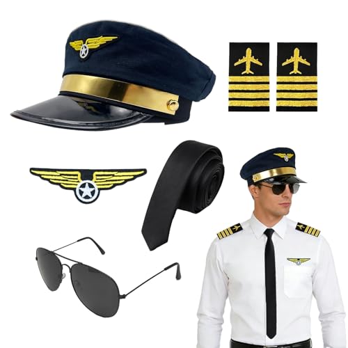 GYIOFAI Juego de 6 accesorios para disfraz de piloto de aviador, disfraz de capitán de avión, kit de disfraz de piloto de Halloween, sombrero de aviador, brazalete, insignia, corbata, gafas, para