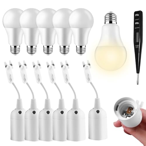 Set di 6 portalampada E27 e 6 lampadine LED E27: portalampada E27 con cavo con tester di tensione, lampadina LED E27 15W bianco caldo, portalampada E27 da cantiere per ristrutturazione lampada da