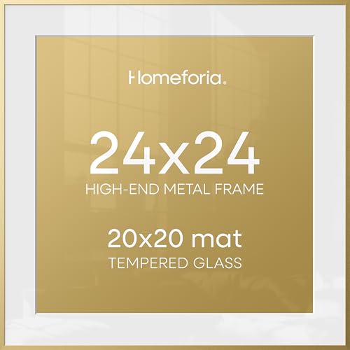 Image of Homeforia 24x24 Gold Square Frame, High End Metal 24 x 24 Large Gold Poster Frames with Mat 20 by 20 for Photo, 24by24 Thin Picture Frame Matted to 20x20 inch Print, Tempered Glass, Wall Kit, Set of 3