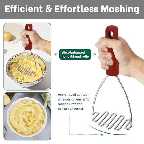 Image of Beneno Ergonomic Easy Grip Stainless Steel Potato Masher, 10.5-Inch, Red | Premium Reinforced Stainless Steel Head, Textured Soft Non-Slip Grip, Efficient Potato Smasher Kitchen Tools, Dishwasher Safe