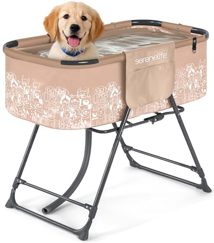 SereneLife Foldable Dog Bath Tub with Adjustable Height 360 Access Drain Hose & Storage Pockets 130 lb Capacity Grooming Station for Indoor/Outdoor Use (Beige)
