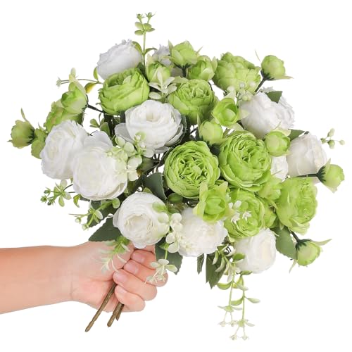 Floweroyal - Floweroyal 2 Bunches Peony Artificial Flowers Green Flowers Silk Peonies Bouquets for Wedding Party Table Centerpieces Floral Arrangement Home Kitchen Decor