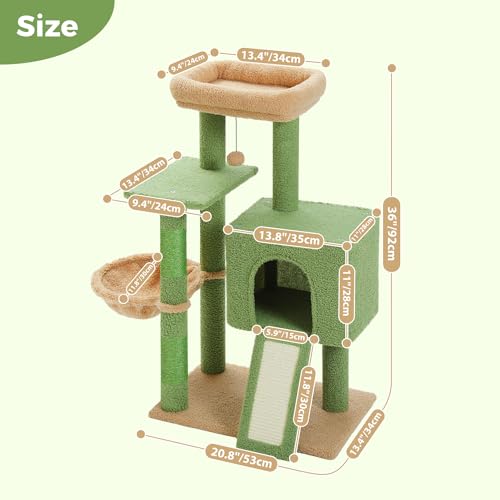 PAWZ Road 36 Inches Cat Tree, Cactus Cat Tower with Sisal Covered Posts, Large Bottom and Cozy Condo for Indoor Cats, Cat Climbing Stand with Plush Perch &Soft Hammock for Multi-Level Cat Play House