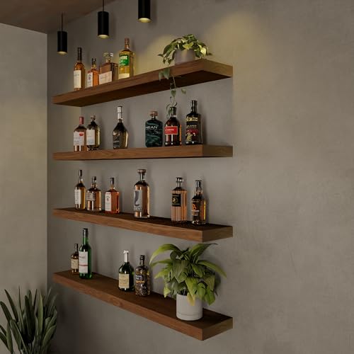 Image of ROGMARS 36 Inches Long Walnut Floating Shelves | Rustic Solid Wood Farmhouse Wall Shelves with Invisible Brackets for Bathroom, Living Room, Bedroom, Kitchen Set of 4