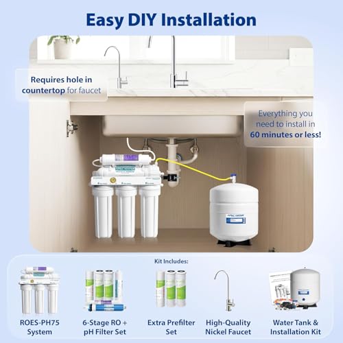 Image of APEC Water Reverse Osmosis Water Filter System, WQA Certified, 6-Stage with Alkaline Mineral pH+ and Extra High Capacity Pre-Filter Set Stage 1-3, Ultra Safe Essence Series, 75 GPD