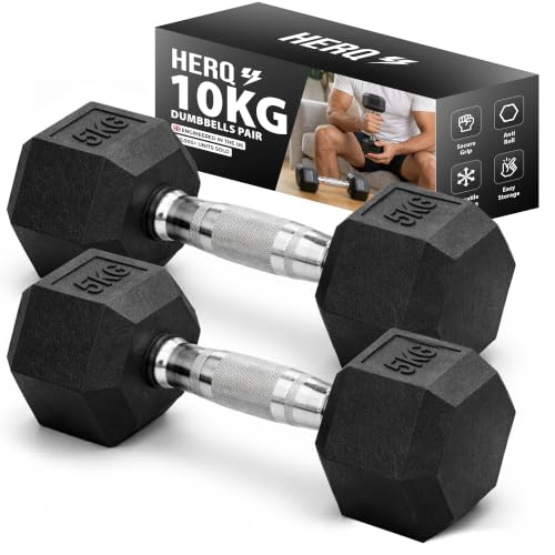 HERQ Hex Dumbbells Set | Rubber Coated Dumbbell Pair | Anti-Roll Free Weights for Home Gym | Ergonomic Grip Weights Set for Strength Training Fitness Bodybuilding Workouts (10KG | 2 X 5KG)